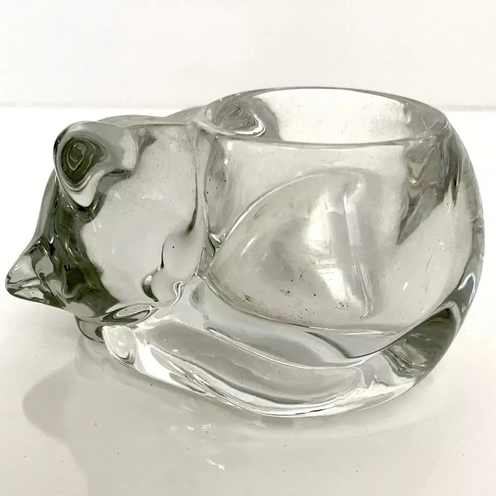 Cute Indiana Glass Clear Crystal Lazy Sleeping Cat Votive Tealight Candle